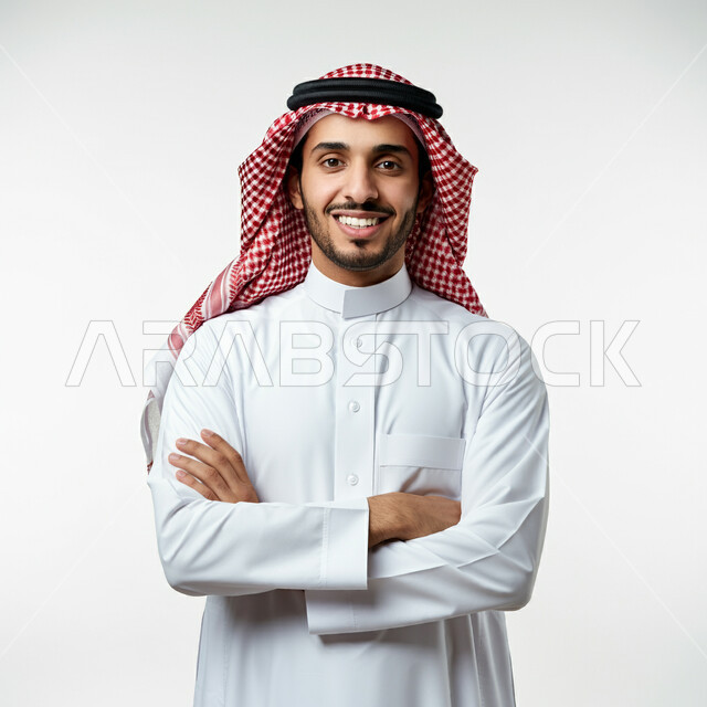 الوقوف بيدين متقاطعتين بتعابير الثقة بالنفس، بورتريه لرجل عربي خليجي سعودي يرتدي الثوب التقليدي والشماغ ينظر إلى الكاميرا بإيماءات البشاشة والسرور، مفهوم الأناقة والوسامة، الاهتمام بالمظهر الخارجي، خلفية بيضاء