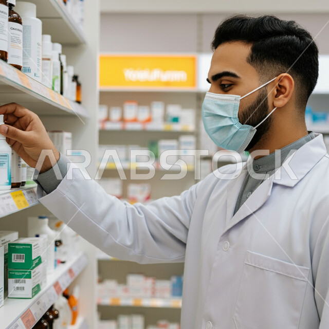 إجراء الاحترازات الوقائية من فايروس كورونا كوفيد 19، جرد وفحص مخزون الأدوية والمستلزمات الطبية داخل الصيدلية، تقديم الرعاية الصحية والوصفات الطبية، صورة مقربة لصيدلاني عربي سعودي خليجي يرتدي اليونيفورم الطبي والكمامة يقوم بالبحث عن الوصفة الدوائية