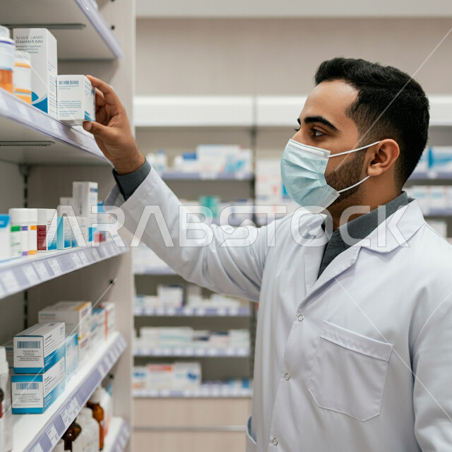 إجراء الاحترازات الوقائية من فايروس كورونا كوفيد 19، جرد وفحص مخزون الأدوية والمستلزمات الطبية داخل الصيدلية، تقديم الرعاية الصحية والوصفات الطبية، صورة مقربة لصيدلاني عربي سعودي خليجي يرتدي اليونيفورم الطبي والكمامة يقوم بالبحث عن الوصفة الدوائية