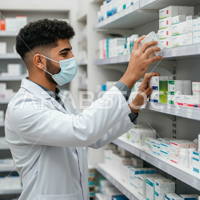 إجراء الاحترازات الوقائية من فايروس كورونا كوفيد 19، جرد وفحص مخزون الأدوية والمستلزمات الطبية داخل الصيدلية، تقديم الرعاية الصحية والوصفات الطبية، صورة مقربة لصيدلاني عربي سعودي خليجي يرتدي اليونيفورم الطبي والكمامة يقوم بالبحث عن الوصفة الدوائية