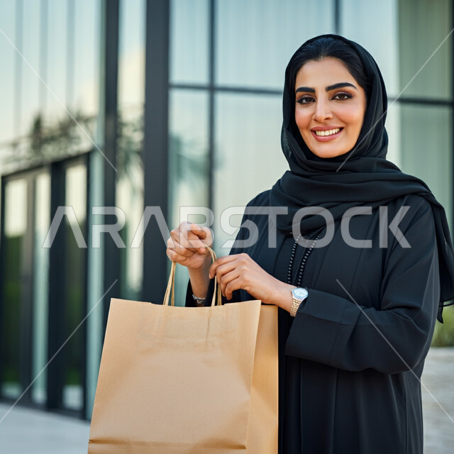 الأثر الايجابي للتسوق على نفسية النساء، الاستفادة من العروض والخصومات, التسوق وشراء المستلزمات والهدايا, امرأة عربية خليجية سعودية ترتدي الحجاب والعباءة السوداء تحمل بيدها أكياس كرتون وتنظر إلى الكاميرا بسعادة، التجول في المولات والمراكز التجارية والتبضع منها