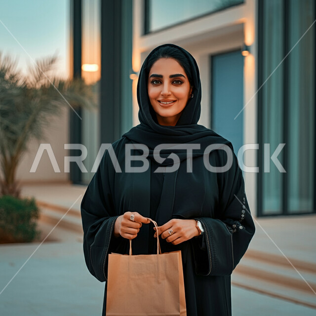 The positive impact of shopping on women's psychology, taking advantage of offers and discounts, shopping and buying supplies and gifts, a Saudi Arabian Gulf woman wearing a hijab and a black abaya, holding cardboard bags in her hand and looking at the camera happily, walking around malls and shopping centers