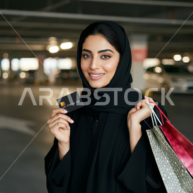 عمليات الدفع الالكتروني عبر بطاقة الائتمان، التسوق وشراء المستلزمات والهدايا, الاثر الايجابي للتسوق على نفسية النساء، امرأة عربية خليجية سعودية ترتدي الحجاب والعباءة السوداء تحمل بيدها أكياس الكرتون الملونة بإيماءات السعادة والسرور