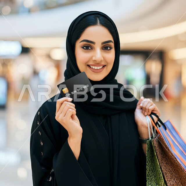 عمليات الدفع الالكتروني عبر بطاقة الائتمان، التسوق وشراء المستلزمات والهدايا, الاثر الايجابي للتسوق على نفسية النساء، امرأة عربية خليجية سعودية ترتدي الحجاب والعباءة السوداء تحمل بيدها أكياس الكرتون الملونة بإيماءات السعادة والسرور