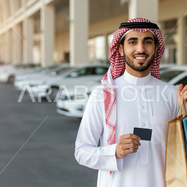 تعابير السرور والسعادة بعمليات الدفع الالكتروني، حسومات وعروضات في السعودية، رجل عربي خليجي سعودي مبتسم يرتدي الشماغ والثوب التقليدي يحمل بيده أكياس ورقية ملونة ويمسك بطاقة الائتمان، متعة التسوق واقتناء المستلزمات والهدايا من المحلات والمراكز التجاريه