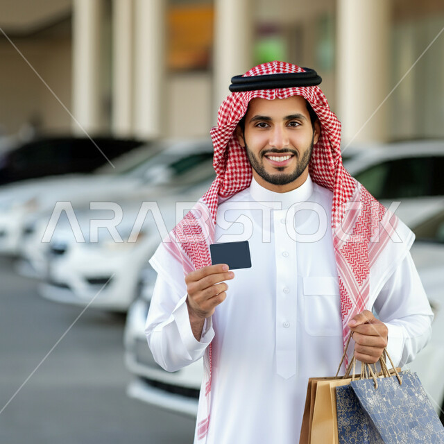 تعابير السرور والسعادة بعمليات الدفع الالكتروني، حسومات وعروضات في السعودية، رجل عربي خليجي سعودي مبتسم يرتدي الشماغ والثوب التقليدي يحمل بيده أكياس ورقية ملونة ويمسك بطاقة الائتمان، متعة التسوق واقتناء المستلزمات والهدايا من المحلات والمراكز التجاريه