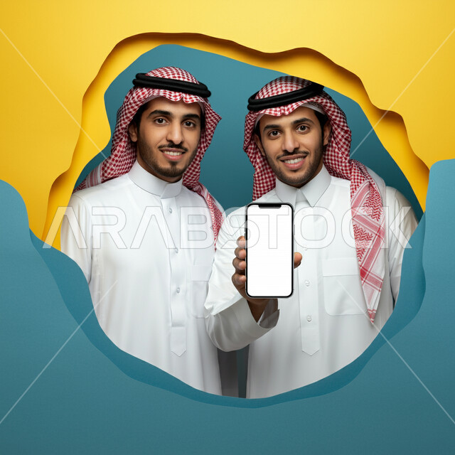 Integration of modern techniques and technology in the field of advertising, marketing ads and promotions, close-up of two Saudi Arabian Gulf men wearing traditional thobe and shemagh holding mobile phone, blank white mobile screen display, e-marketing concept, colorful background