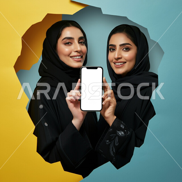 عرض شاشة جوال بيضاء فارغة، الإعلانات التسويقية والدعايات الترويجية، امرأتان عربيتان خليجيتان سعوديتان ترتديان الحجاب والعباءة السوداء تنظران للكاميرا بإيماءات السعادة والسرور، دمج التقنيات الحديثة في مجال الدعاية والإعلان، مفهوم التسويق الالكتروني، خلفية ملونة