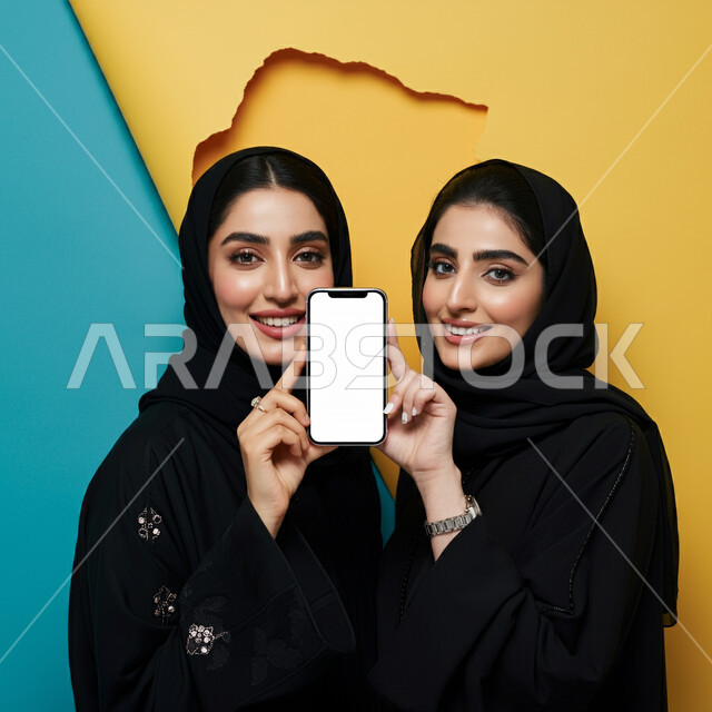 عرض شاشة جوال بيضاء فارغة، الإعلانات التسويقية والدعايات الترويجية، امرأتان عربيتان خليجيتان سعوديتان ترتديان الحجاب والعباءة السوداء تنظران للكاميرا بإيماءات السعادة والسرور، دمج التقنيات الحديثة في مجال الدعاية والإعلان، مفهوم التسويق الالكتروني، خلفية ملونة