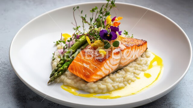 مأكولات بحرية و صحية، طبق فيليه سمك السلمون المشوي المدخن مع الريزوتو والهليون على طبق ابيض، وجبات الطعام الشهية، وصفات وأطباق شهية، فنون التقديم في مطابخ المملكة العربية السعودية