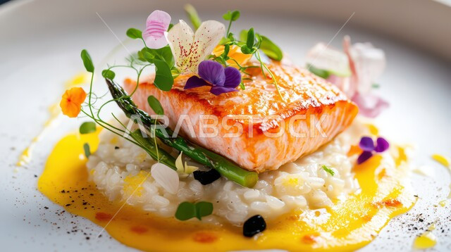 مأكولات بحرية و صحية، طبق فيليه سمك السلمون المشوي المدخن مع الريزوتو والهليون على طبق ابيض، وجبات الطعام الشهية، وصفات وأطباق شهية، فنون التقديم في مطابخ المملكة العربية السعودية