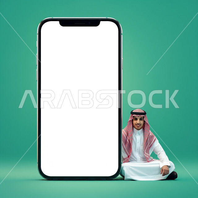 موك أب أبيض كبير، النظر إلى الكاميرا بايماءات السعادة والسرور، بورتريه لرجل عربي خليجي سعودي يرتدي الثوب التقليدي والشماغ يجلس أمام مجسم ضخم لهاتف محمول بشاشة بيضاء فارغة، الإعلانات والعروض التسويقية عبر التقنيات والتكنولوجيا الحديثة، خلفية خضراء