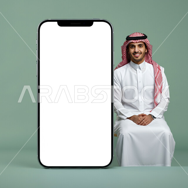 النظر إلى الكاميرا بايماءات السعادة والسرور، بورتريه لرجل عربي خليجي سعودي يرتدي الثوب التقليدي والشماغ يجلس أمام مجسم ضخم لهاتف محمول بشاشة بيضاء فارغة، الإعلانات والعروض التسويقية عبر التقنيات والتكنولوجيا الحديثة، موك أب أبيض كبير، خلفية خضراء
