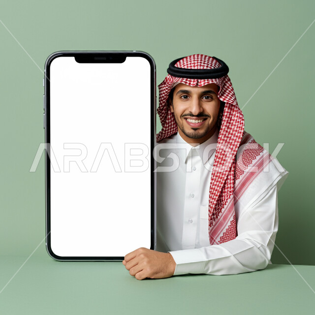 الإعلانات والعروض التسويقية عبر التقنيات والتكنولوجيا الحديثة، موك أب أبيض كبير، النظر إلى الكاميرا بايماءات السعادة والسرور، بورتريه مقرب لرجل عربي خليجي سعودي يرتدي الثوب التقليدي والشماغ يجلس أمام مجسم ضخم لهاتف محمول بشاشة بيضاء فارغة، خلفية خضراء