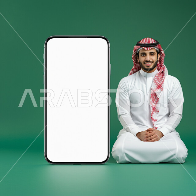 موك أب أبيض كبير، النظر إلى الكاميرا بايماءات السعادة والسرور، بورتريه لرجل عربي خليجي سعودي يرتدي الثوب التقليدي والشماغ يجلس أمام مجسم ضخم لهاتف محمول بشاشة بيضاء فارغة، الإعلانات والعروض التسويقية عبر التقنيات والتكنولوجيا الحديثة، خلفية خضراء