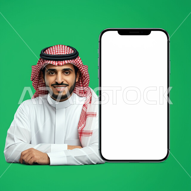 الإعلانات والعروض التسويقية عبر التقنيات والتكنولوجيا الحديثة، موك أب أبيض كبير، النظر إلى الكاميرا بايماءات السعادة والسرور، بورتريه مقرب لرجل عربي خليجي سعودي يرتدي الثوب التقليدي والشماغ يجلس أمام مجسم ضخم لهاتف محمول بشاشة بيضاء فارغة، خلفية خضراء