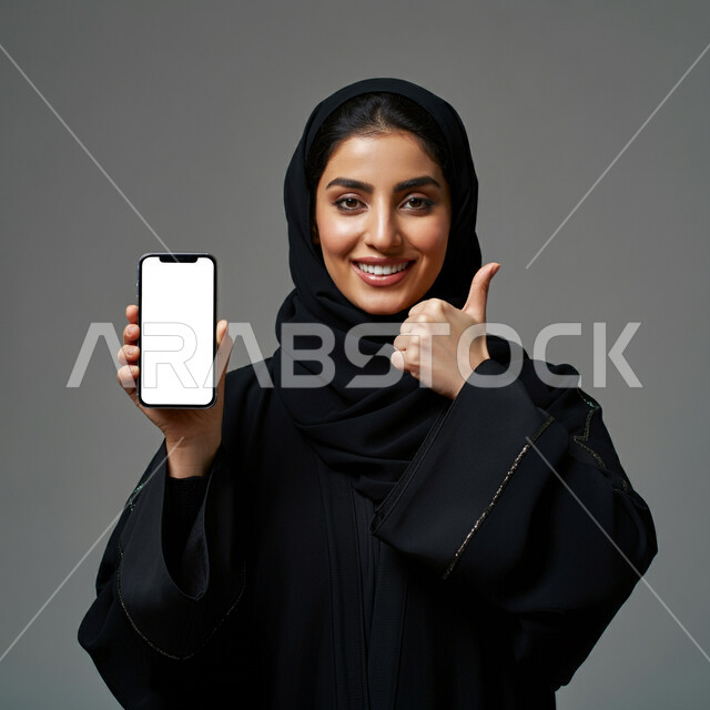 عرض شاشة بيضاء فارغة على الجوال، النظر الى الكاميرا بتعابير القبول والفرح والسرور، الإعلانات والعروض التسويقية، بورتريه مقرب لإمرأة عربية خليجية سعودية محجبة ترتدي العباءة ترفع إصبع الإبهام للأعلى بإيماءات الإعجاب والرضا، علامة الجودة والامتياز، خلفية رمادية