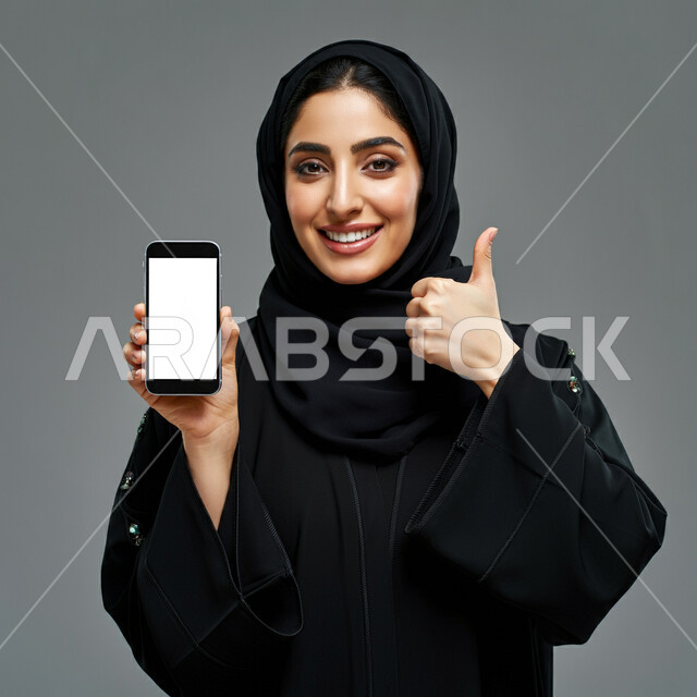علامة الجودة والامتياز، عرض شاشة بيضاء فارغة على الجوال، النظر الى الكاميرا بتعابير القبول والفرح والسرور، الإعلانات والعروض التسويقية، بورتريه مقرب لإمرأة عربية خليجية سعودية محجبة ترتدي العباءة ترفع إصبع الإبهام للأعلى بإيماءات الإعجاب والرضا، خلفية رمادية