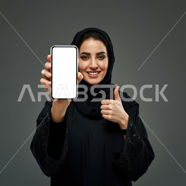 علامة الجودة والامتياز، عرض شاشة بيضاء فارغة على الجوال، النظر الى الكاميرا بتعابير القبول والفرح والسرور، الإعلانات والعروض التسويقية، بورتريه مقرب لإمرأة عربية خليجية سعودية محجبة ترتدي العباءة ترفع إصبع الإبهام للأعلى بإيماءات الإعجاب والرضا، خلفية رمادية