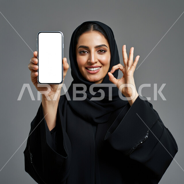 النظر الى الكاميرا بتعابير القبول والفرح والسرور، الإعلانات والعروض التسويقية، بورتريه مقرب لإمرأة عربية خليجية سعودية محجبة ترتدي العباءة ترفع يدها للأعلى بإيماءات الإعجاب والرضا، علامة الجودة والامتياز، عرض شاشة بيضاء فارغة على الجوال، خلفية رمادية