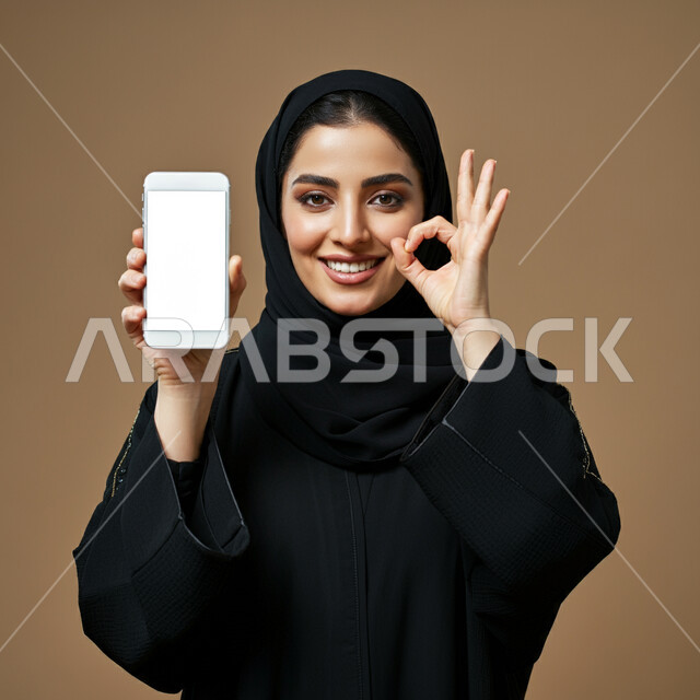 الإعلانات والعروض التسويقية، بورتريه مقرب لإمرأة عربية خليجية سعودية محجبة ترتدي العباءة ترفع يدها للأعلى بإيماءات الإعجاب والرضا، علامة الجودة والامتياز، عرض شاشة بيضاء فارغة على الجوال، النظر الى الكاميرا بتعابير القبول والفرح والسرور، خلفية بيج