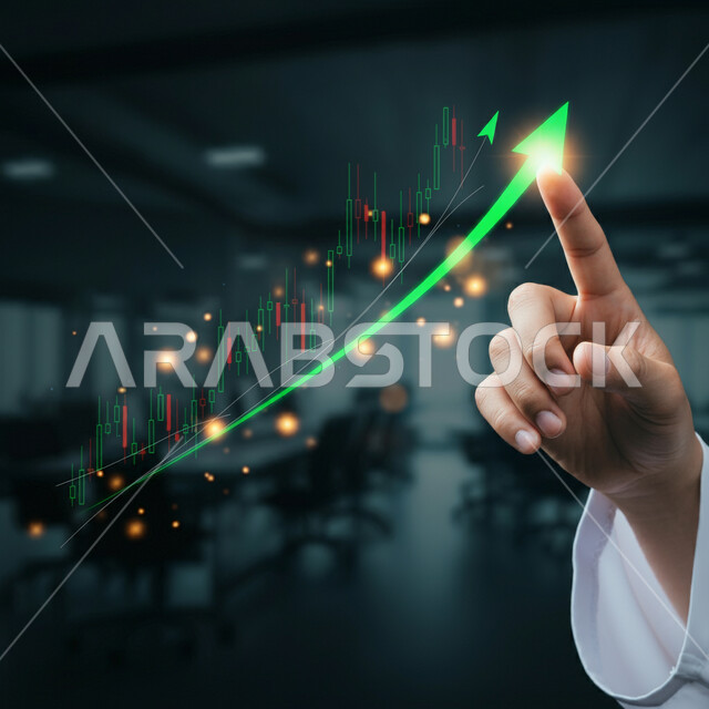 دمج التكنولوجيا المتطورة مع العمل، تداول العملة الرقمية، إنجاز وتحقيق أهداف الشركة, صورة مقربة ليد رجل أعمال عربي خليجي سعودي يشير إلى مخطط هولوجرامي للرسم البياني للنمو الاقتصادي، مراقبة ارتفاع وانخفاض الأسهم في سوق البورصة