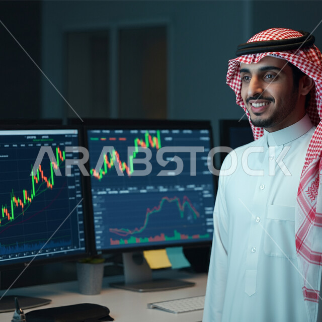 دمج التكنولوجيا المتطورة مع العمل، مراقبة الرسوم البيانية الهولوجرامية على الشاشات الإلكترونية المضيئة، رجل أعمال عربي خليجي سعودي يرتدي الثوب التقليدي والشماغ ينظر إلى شيء ما، متابعة ارتفاع وانخفاض الأسهم في سوق البورصة، تداول العملة الرقمية