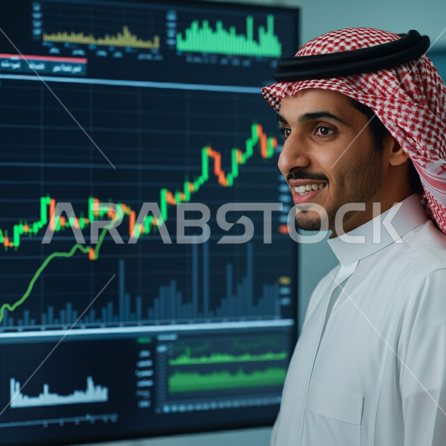 Cryptocurrency trading, watching hologram charts on illuminated electronic screens, close-up of a Saudi Arabian Gulf businessman wearing traditional thobe and shemagh looking at something, integrating advanced technology with business, following the rise and fall of stocks in the stock market