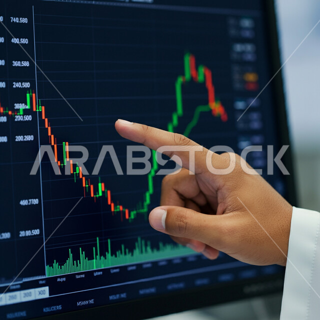 تداول العملة الرقمية، إنجاز وتحقيق أهداف الشركة, صورة مقربة ليد رجل أعمال عربي خليجي سعودي يشير إلى شاشة يقوم بمتابعة مخطط الرسم البياني للنمو الاقتصادي، مراقبة ارتفاع وانخفاض الأسهم في سوق البورصة، دمج التكنولوجيا المتطورة مع العمل
