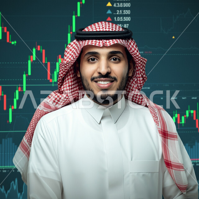 مراقبة الرسوم البيانية الهولوجرامية على الشاشات الإلكترونية المضيئة، صورة مقربة لرجل أعمال عربي خليجي سعودي يرتدي الثوب التقليدي والشماغ ينظر إلى الكاميرا، دمج التكنولوجيا المتطورة مع العمل، متابعة ارتفاع وانخفاض الأسهم في سوق البورصة، تداول العملة الرقمية