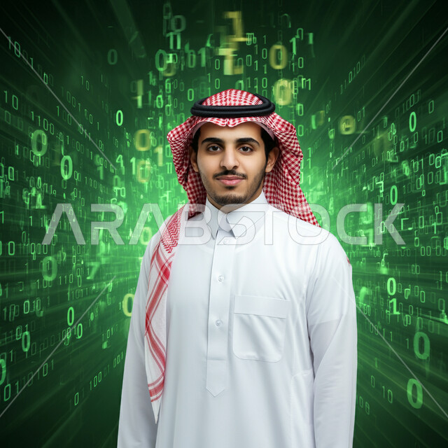 رموز وأكواد برمجية تشير لبيانات محمية, مفهوم حماية المعلومات وتكنولوجيا الأعمال المتعلقة بالأمن السيبراني, رجل عربي خليجي سعودي يرتدي الثوب التقليدي والشماغ يقف باستقامة ينظر إلى الكاميرا بإيماءات الثقة بالنفس, خلفية هولوجرامية ثلاثية الأبعاد باللون الأخضر