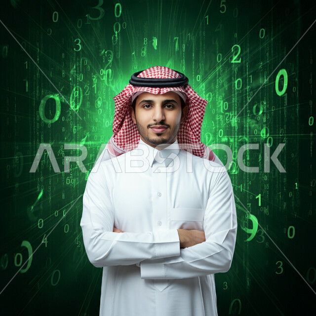 أكواد ورموز برمجية تشير لبيانات محمية, رجل عربي خليجي سعودي يرتدي الثوب التقليدي والشماغ يقف بأيدي متقاطعة ينظر إلى الكاميرا بإيماءات الثقة بالنفس, مفهوم تكنولوجيا الأعمال المتعلقة بالأمن السيبراني وحماية المعلومات, خلفية هولوجرامية ثلاثية الأبعاد باللون الأخضر