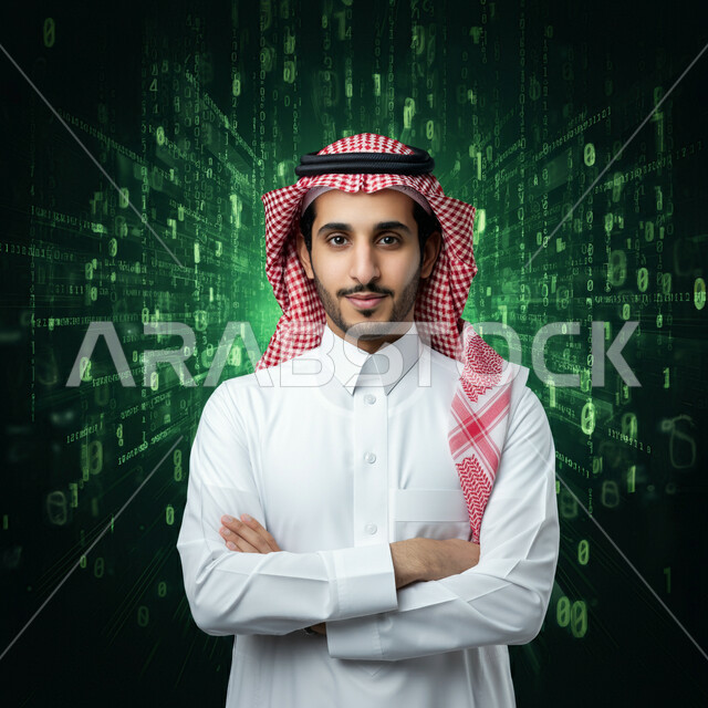 مفهوم حماية المعلومات وتكنولوجيا الأعمال المتعلقة بالأمن السيبراني, أكواد ورموز برمجية تشير لبيانات محمية, رجل عربي خليجي سعودي يرتدي الثوب التقليدي والشماغ يقف بأيدي متقاطعة ينظر إلى الكاميرا بإيماءات الثقة بالنفس, خلفية هولوجرامية ثلاثية الأبعاد باللون الأخضر