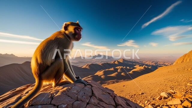 Rock formations and formations, close-up of a monkey standing on a mountain in the desert areas, interest and care in raising animals, diverse livestock in the Kingdom of Saudi Arabia