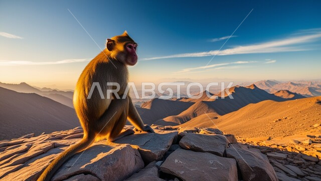 Rock formations and formations, close-up of a monkey standing on a mountain in the desert areas, interest and care in raising animals, diverse livestock in the Kingdom of Saudi Arabia