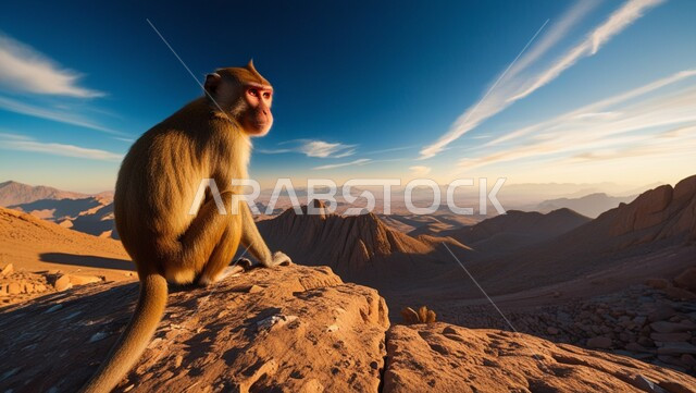 Rock formations and formations, close-up of a monkey standing on a mountain in the desert areas, interest and care in raising animals, diverse livestock in the Kingdom of Saudi Arabia