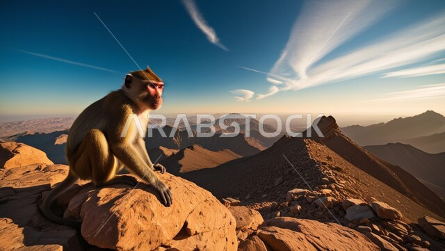 الاهتمام والعناية بتربية الحيوانات، التكوينات والتشكيلات الصخرية، صورة مقربة لقرد يقف على احدى المرتفعات الجبلية في المناطق الصحراوية، الثروة الحيوانية المتنوعة في المملكة العربية السعودية