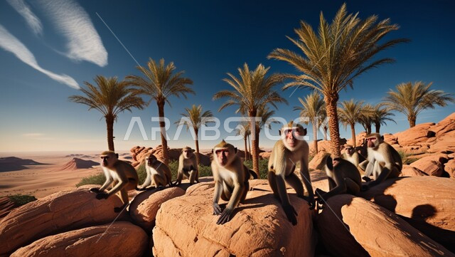 الاهتمام والعناية بتربية الحيوانات، التكوينات والتشكيلات الصخرية، صورة مقربة لمجموعة من القرود يقفون على احدى المرتفعات الجبلية في المناطق الصحراوية بين أشجار النخيل، الثروة الحيوانية المتنوعة في المملكة العربية السعودية