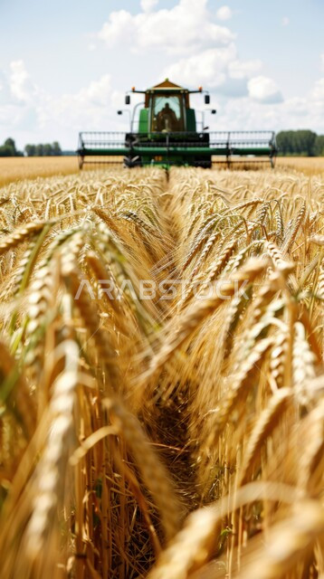 Local national crops and products, vast fields and agricultural lands, tractor mowing and shearing wheat in the field, close-up of full golden ears in the ground, harvest season in Saudi Arabia