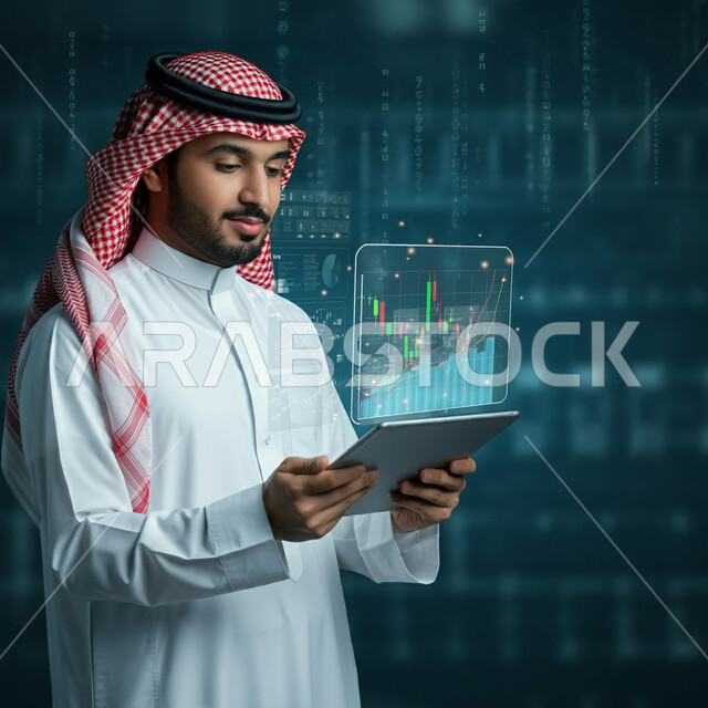 دمج التكنولوجيا والأجهزة التقنية الحديثة بالأعمال، متابعة ارتفاع وانخفاض الأسهم في سوق البورصة، رجل أعمال عربي خليجي سعودي يرتدي الثوب التقليدي والشماغ يمسك بيده الجهاز اللوحي، مراقبة الرسوم البيانية الهولوجرامية على الشاشات الإلكترونية المضيئة