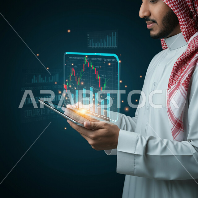 مراقبة الرسوم البيانية الهولوجرامية على الشاشات الإلكترونية المضيئة، دمج التكنولوجيا والأجهزة الحديثة مع العمل، صورة مقربة من الجانب لرجل أعمال عربي خليجي سعودي يرتدي الثوب التقليدي والشماغ يمسك بيده الجهاز اللوحي، متابعة ارتفاع وانخفاض الأسهم في سوق البورصة