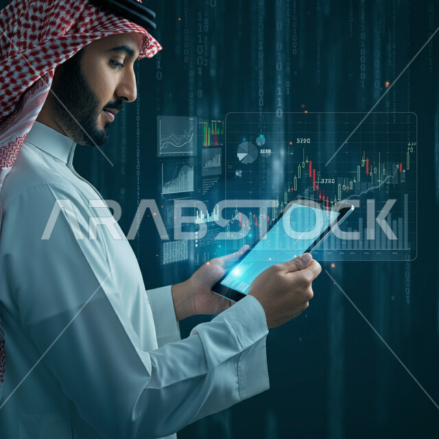 دمج التكنولوجيا والأجهزة الحديثة مع العمل، مراقبة الرسوم البيانية الهولوجرامية على الشاشات الإلكترونية المضيئة، صورة من الجانب لرجل أعمال عربي خليجي سعودي يرتدي الثوب التقليدي والشماغ يمسك بيده الجهاز اللوحي، متابعة ارتفاع وانخفاض الأسهم في سوق البورصة