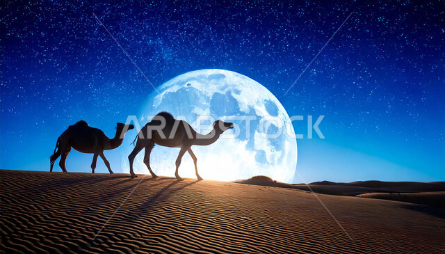 تربيه ورعايه المواشي, وسائل النقل والمواصلات القديمة، منظر القمر المضيء في السماء، حيوانات الابل تسير على الكثبان الرملية في صحاري المملكة العربية السعودية ليلا، الرمال الذهبية الناعمة، الاهتمام والعناية بالثدييات في الصحراء