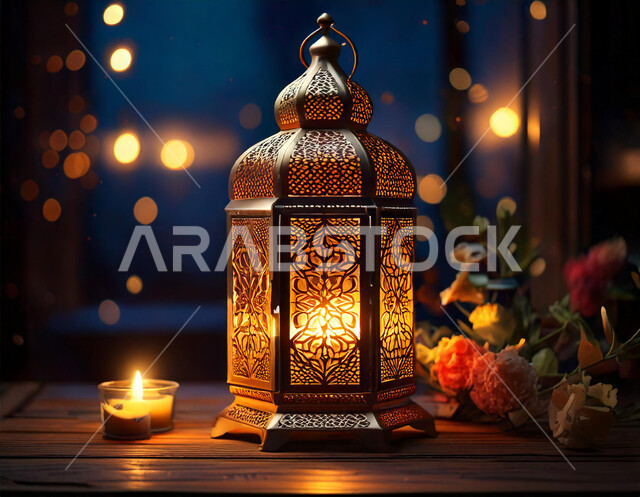 زخارف وديكورات وأضواء شهر الخير، الاحتفال بالمناسبات والأعياد الدينية الإسلامية، صورة مقربة  لفانوس معدني تقليدي مضيء على لوح خشبي، الفرحة بقدوم رمضان المبارك، الأجواء الرمضانية الروحانية