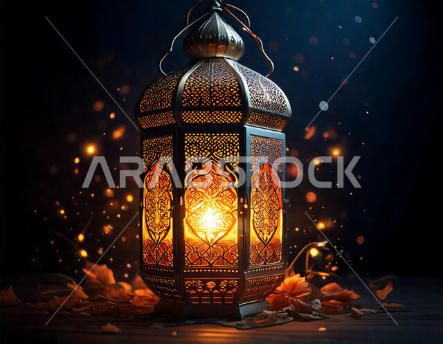 زخارف وديكورات وأضواء شهر الخير، الاحتفال بالمناسبات والأعياد الدينية الإسلامية، صورة مقربة  لفانوس معدني تقليدي مضيء على لوح خشبي، الفرحة بقدوم رمضان المبارك، الأجواء الرمضانية الروحانية