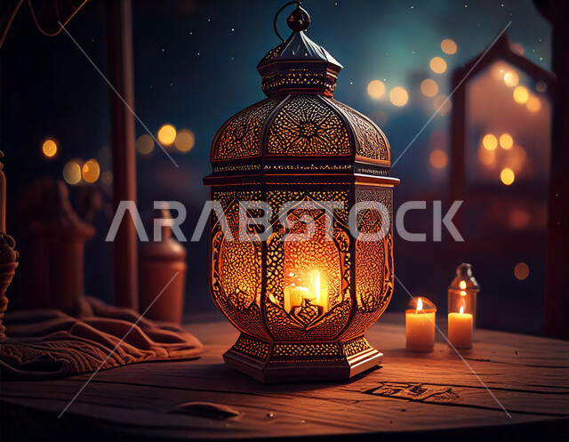 ديكورات و زخارف وأضواء شهر الخير، الاحتفال بالمناسبات والأعياد الدينية الإسلامية، صورة مقربة  لفانوس معدني تقليدي مضيء على لوح خشبي، الفرحة بقدوم رمضان المبارك، الأجواء الرمضانية الروحانية