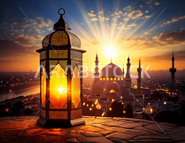 الأجواء الرمضانية الروحانية، ديكورات و زخارف وأضواء شهر الخير، المناسبات والأعياد الدينية الإسلامية، صورة مقربة  لفانوس معدني تقليدي مضيء، الفرحة بقدوم رمضان المبارك، منظر قبب ومآذن المساجد وقت الغروب
