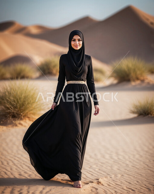 الاهتمام بالأناقة والمظهر الخارجي، سيدة عربية خليجية سعودية محجبة ترتدي العباءة السوداء تقف وسط الكثبان الرملية في إحدى المناطق الصحراوية تنظر الى الكاميرا بإيماءات السرور، أزياء محجبات عصرية، صورة الجسم بالطول الكامل