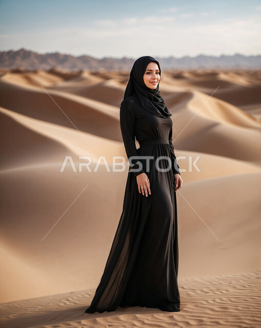الاهتمام بالأناقة والمظهر الخارجي، سيدة عربية خليجية سعودية محجبة ترتدي العباءة السوداء تقف وسط الكثبان الرملية في إحدى المناطق الصحراوية، أزياء محجبات عصرية، صورة الجسم بالطول الكامل