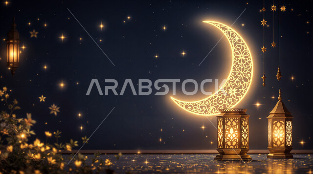 Joy of the coming of the holy month of Ramadan, decorations, ornaments and lights of the month of goodness, celebration of Islamic religious occasions and holidays, close-up of a traditional metal lantern with a golden illuminated crescent moon, the spiritual atmosphere of Ramadan